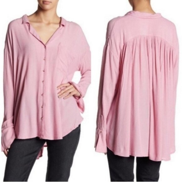Free People Tops - Free People Womens Magic Breeze Oversized Button Front Shirt Pink Size XS